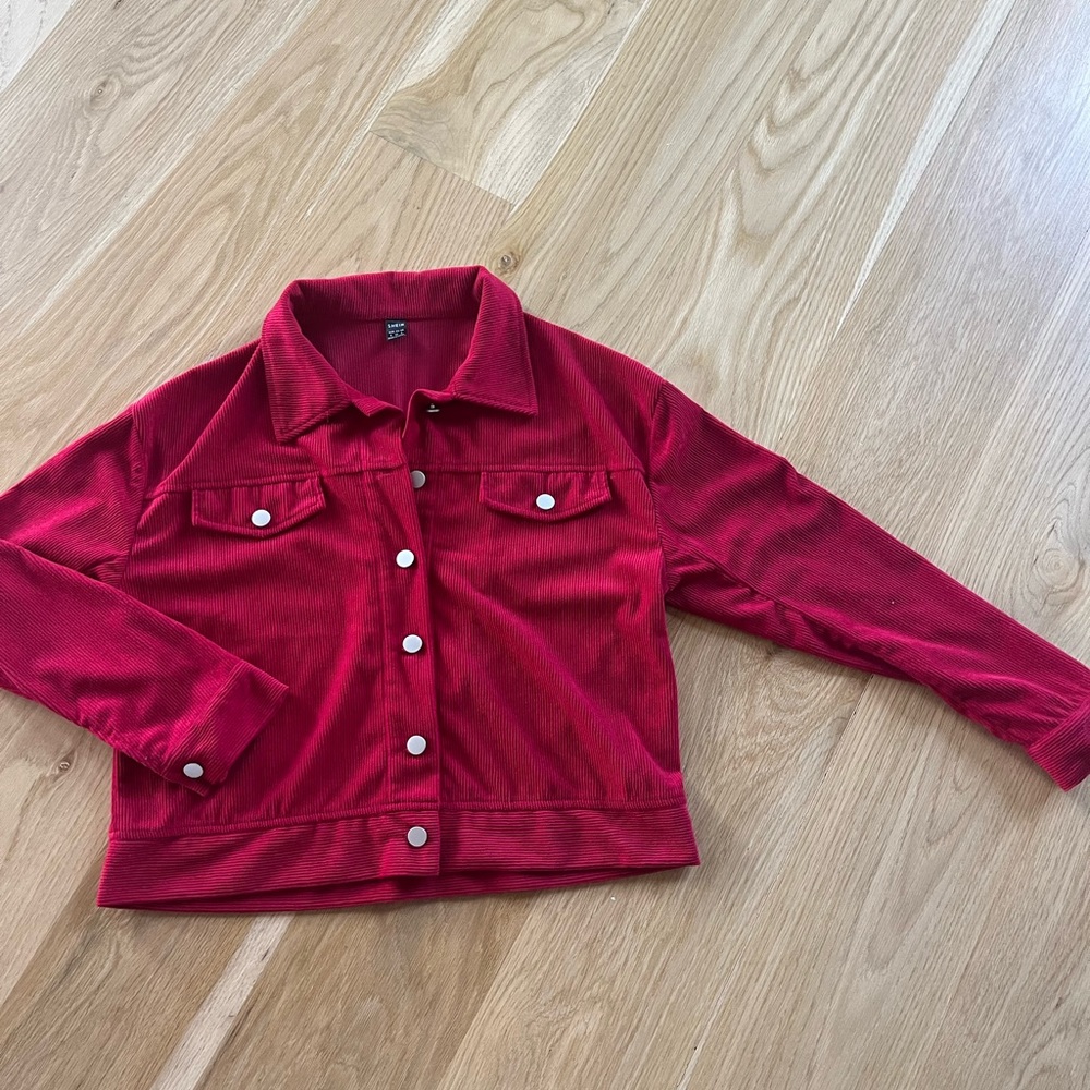 SHEIN lightweight corduroy trucker jacket with button front.